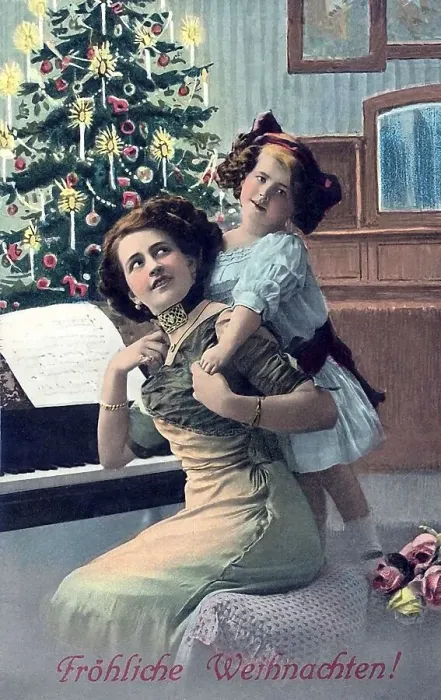 Framed Print : Woman and child sitting in front of the Christmas tree