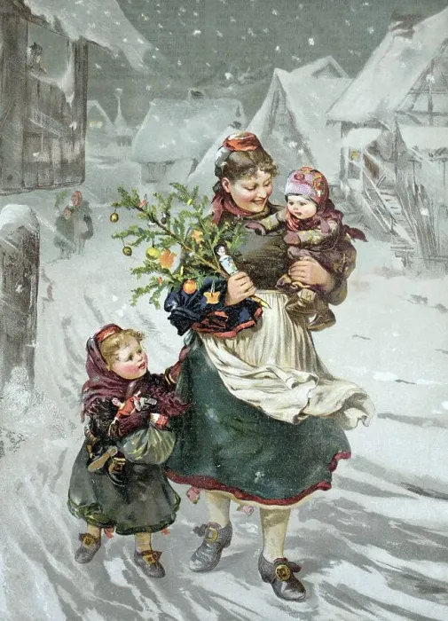 Framed Print : Woman with children and a Christmas tree