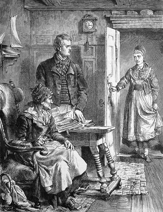 Framed Print : Woman comes in the door and disturbs a couple looking for something in a pile of papers