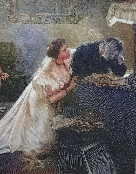 Framed Print : Woman comforting her man after his bankruptcy