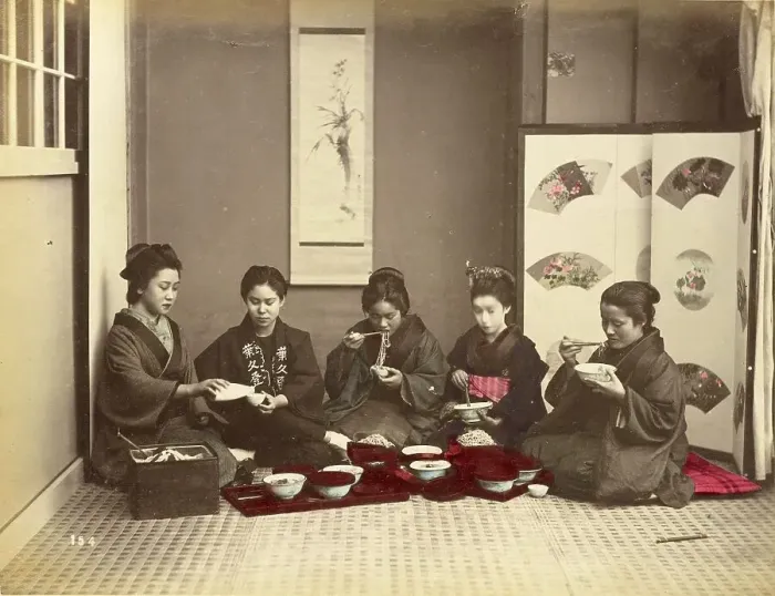 Framed Print : Five woman eating buckwheat noodles, c Framed Print : Five woman eating buckwheat noodles, c