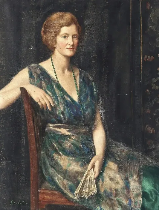 Framed Print : A woman in elegant dress sits in an armchair and holds a fan