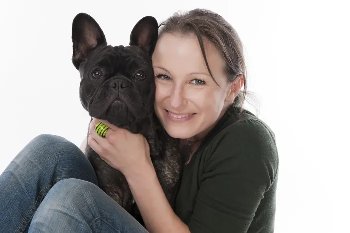 Framed Print : Woman and French Bulldog Framed Print : Woman and French Bulldog
