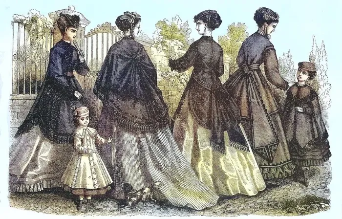 Framed Print : Four woman and two girls in the current spring fashion