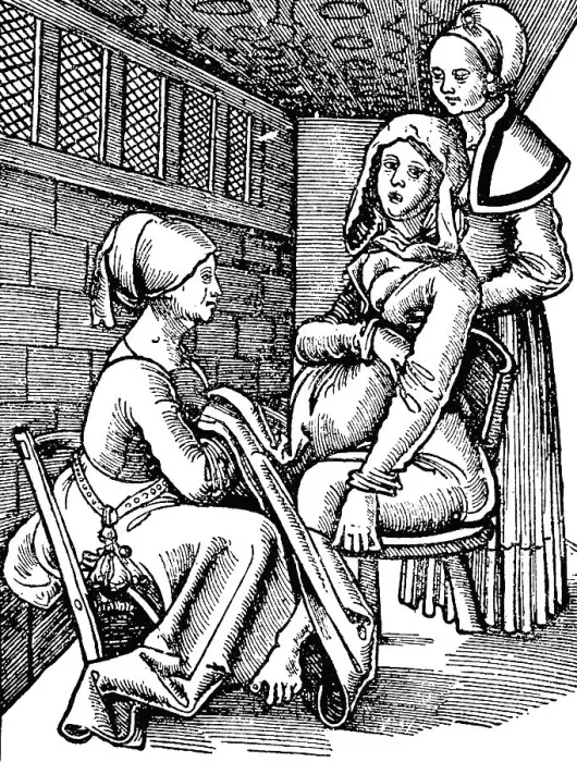 Framed Print : Woman in labour, German woodcut, 18th Century
