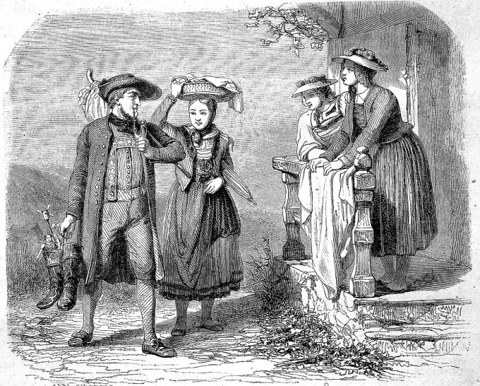 Framed Print : Three woman and a man in traditional costumes from Bavaria and Baden in the 19th century