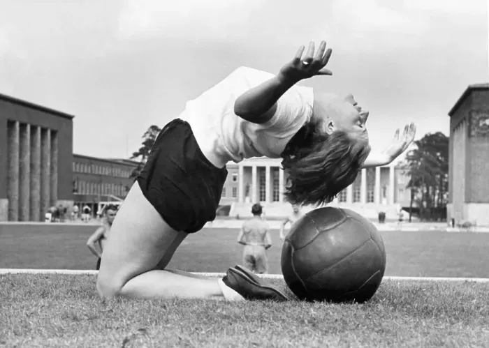 Framed Print : Woman with medicine ball, 1930s Framed Print : Woman with medicine ball, 1930s