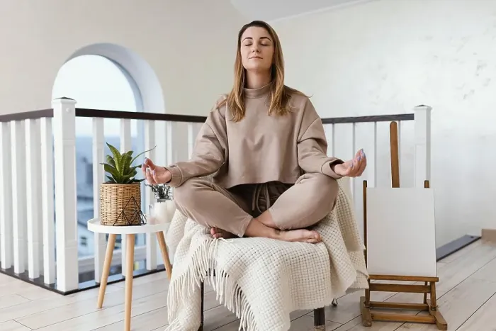 Framed Print : Woman meditating indoor