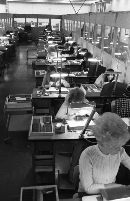 Framed Print : Many woman and a few men work at jobs at Standard Elektrik Lorenz (SEL)