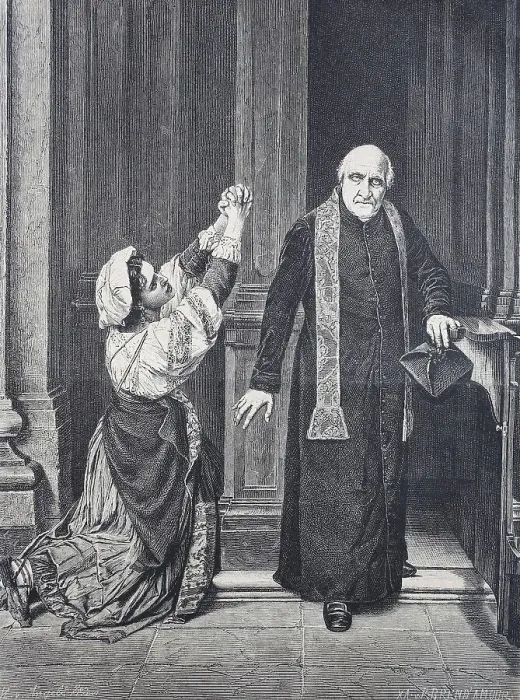 Framed Print : Woman prays with folded hands and priest walks out of the confessional Framed Print : Woman prays with folded hands and priest walks out of the confessional