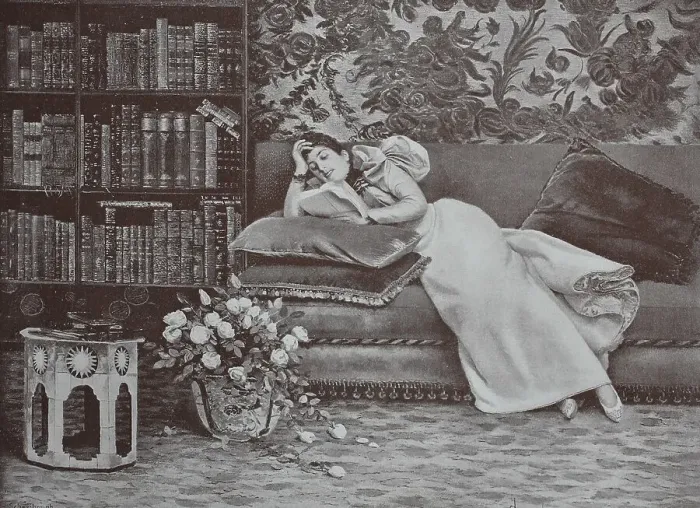 Framed Print : Woman reading in the library, 1899 Framed Print : Woman reading in the library, 1899