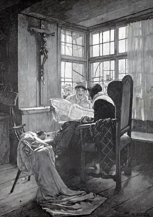 Framed Print : A woman reading from the newspaper to her grandmother