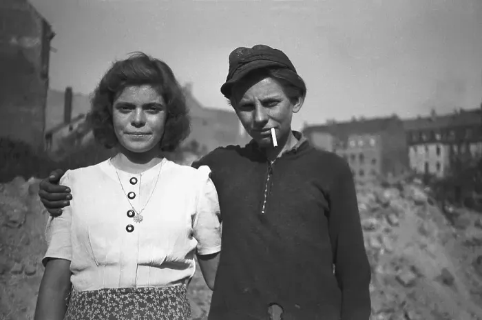 Framed Print : Woman in ruins with a friend, 1949