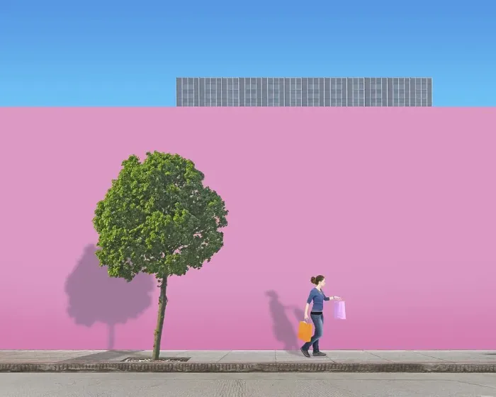 Framed Print : Woman with shopping bags on a pavement