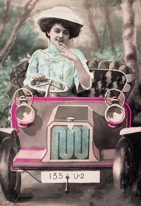 Framed Print : Woman sitting in a car made of cardboard