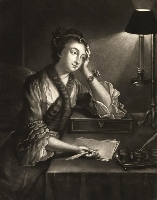 Framed Print : Woman sitting at a table and writing a letter, c. 1800, Germany, Historic, digitally restored reproduction of an original from the period, Europe