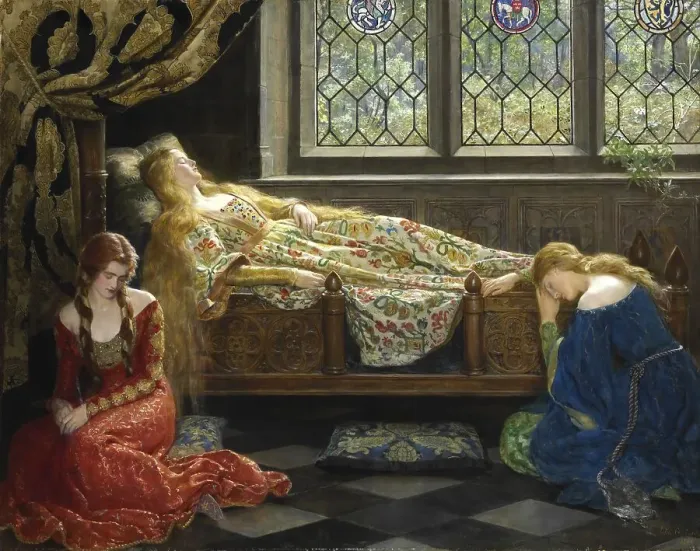 Framed Print : A woman sleeps on an ornately decorated bed while two other woman sit beside her Framed Print : A woman sleeps on an ornately decorated bed while two other woman sit beside her