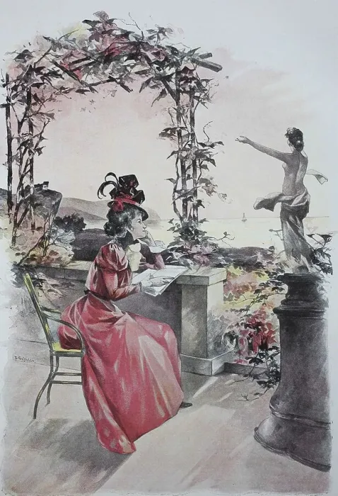 Framed Print : Woman on Summer Vacation, on a Terrace Over the Sea