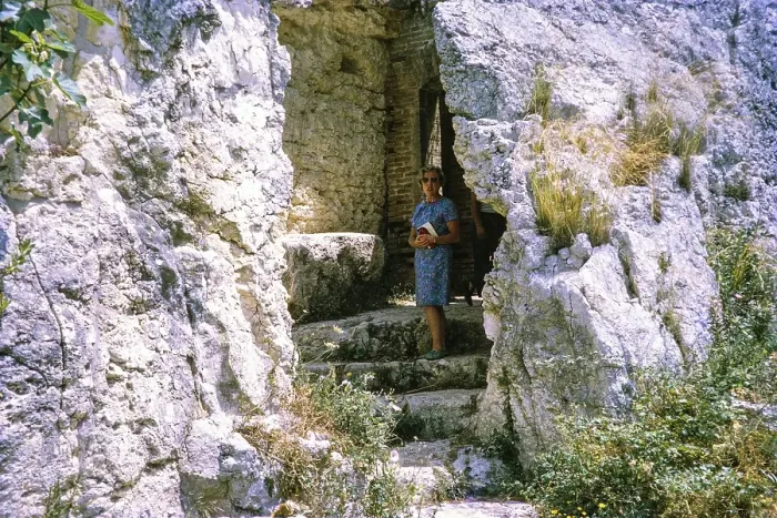 Framed Print : Woman tourist at Euryalus fortress fort, Syracuse, Sicily, Italy, Europe 1969 built around 400 BC by Dionysios, Europe