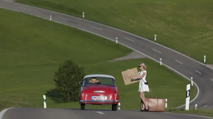 Framed Print : A woman wants to hitchhike to Paris