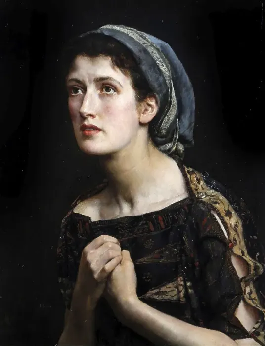 Framed Print : A woman wearing a headscarf holds her hands folded