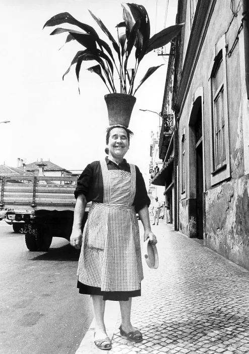 Framed Print : Woman wears flowerpot on her head, ca Framed Print : Woman wears flowerpot on her head, ca