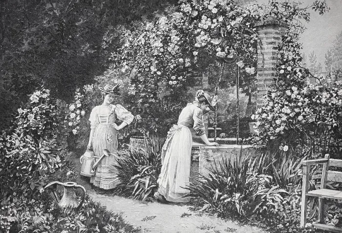 Framed Print : Two woman working in a flowery garden at a fountain