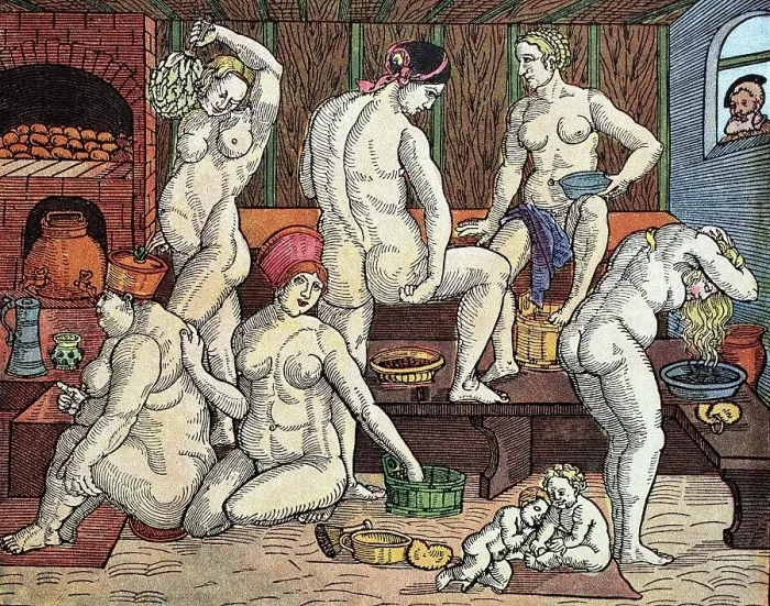 Framed Print : Women at the bathhouse, woodcut after a drawing by Albrecht Duerer