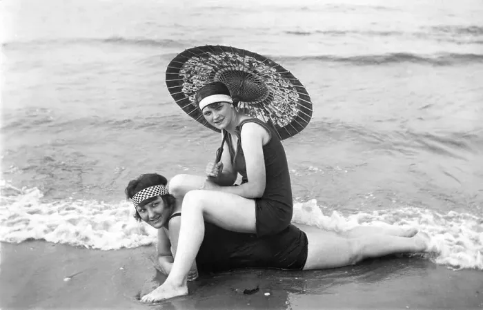 Framed Print : Two women at the beach, historical photo Framed Print : Two women at the beach, historical photo