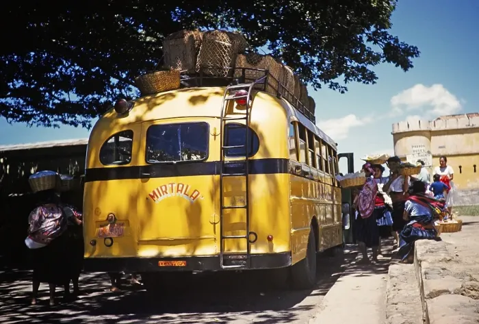 Framed Print : Women boarding the Transportes Mirtala bus in Palin, Guatemala, around 1961, Central America