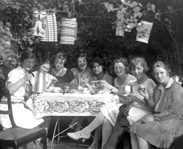 Framed Print : Eight women at a coffee party in the garden Framed Print : Eight women at a coffee party in the garden