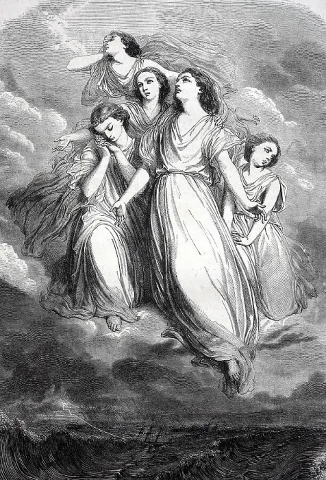 Framed Print : Five women hovering over the stormy sea