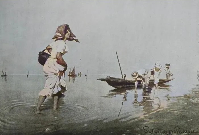 Framed Print : Women looking for shells in the shallows of the lagoon in Venice