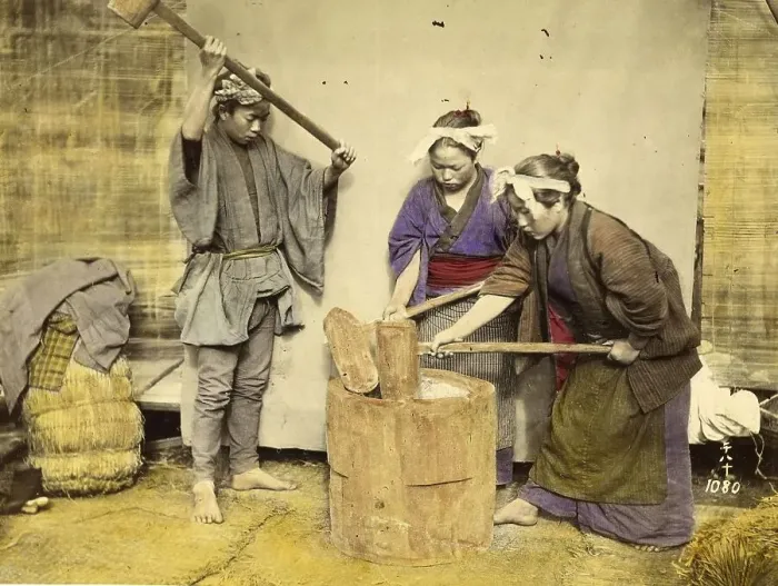 Framed Print : Women making mochi, rice cakes from glutinous rice