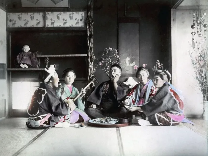 Framed Print : Four women and man making music, Japan, Asia