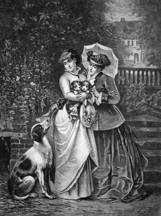Framed Print : Women with puppies, historical engraving of 1883