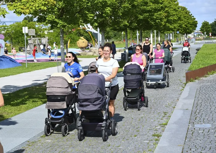 Framed Print : Women pushing prams in a sunny park
