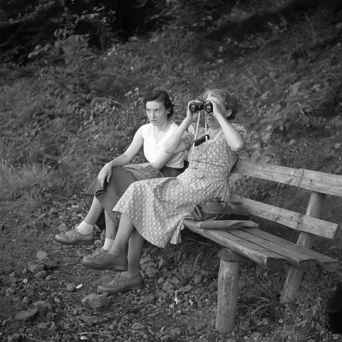 Framed Print : Two women are sitting on a bench and one of them is looking through binoculars Framed Print : Two women are sitting on a bench and one of them is looking through binoculars