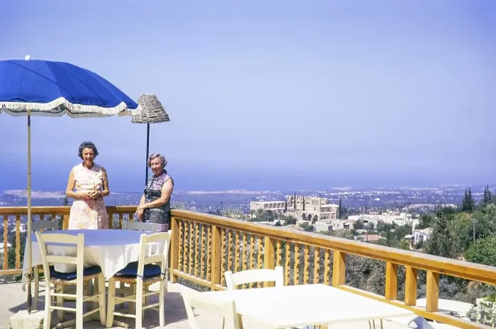 Framed Print : Two women standing on restaurant terrace view over Bellapais Abbey, Kyrenia or Girne, Northern Cyprus, Cyprus, Europe 1973, Europe Framed Print : Two women standing on restaurant terrace view over Bellapais Abbey, Kyrenia or Girne, Northern Cyprus, Cyprus, Europe 1973, Europe