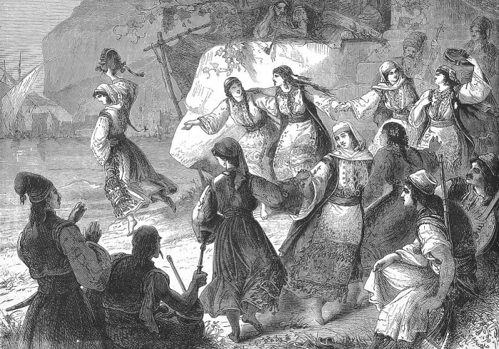 Framed Print : Women in traditional traditional costume dancing Romaika