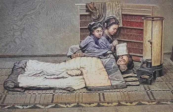 Framed Print : Women's life in Japan, servant going to bed