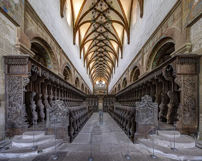 Framed Print : Wood carvings from a former Cistercian abbey in the Gothic choir Framed Print : Wood carvings from a former Cistercian abbey in the Gothic choir
