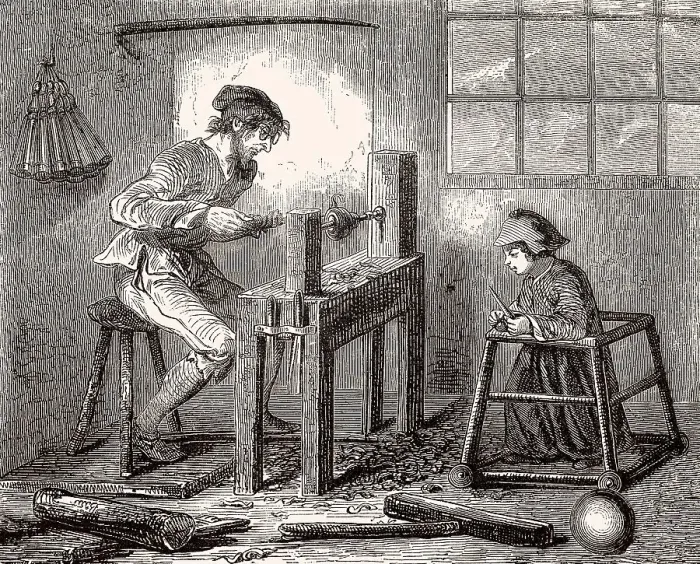 Framed Print : Wood lathe operator, 18th century