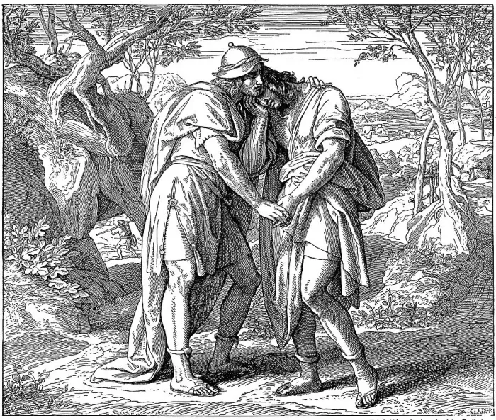 Framed Print : Woodcut, David and Jonathan, First Book of Samuel