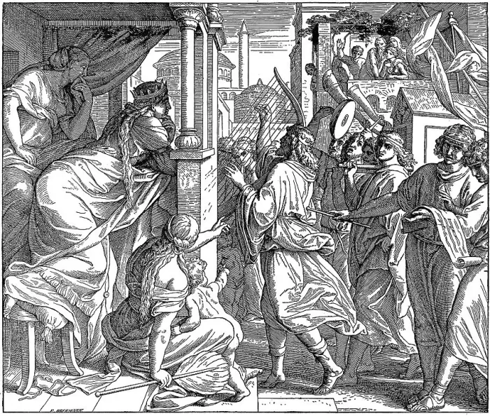 Framed Print : Woodcut, David is taunted by Michal