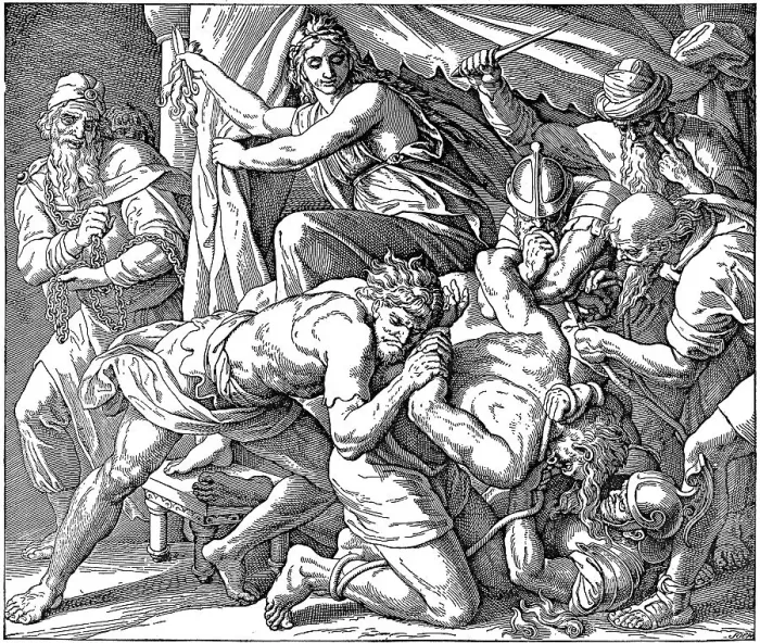 Framed Print : Woodcut, The Fall of Samson, Book of Judges Framed Print : Woodcut, The Fall of Samson, Book of Judges