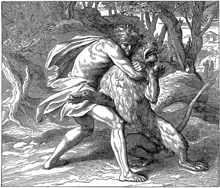 Framed Print : Woodcut, Samson's Fight with the Lion