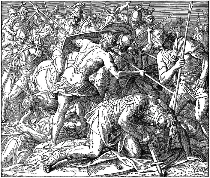 Framed Print : Woodcut, Saul's Death, First Book of Samuel