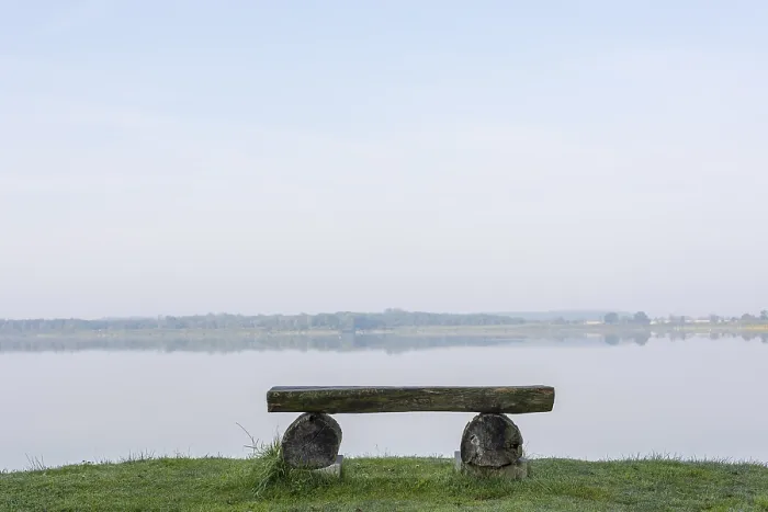 Framed Print : Wooden bench on the shore of the GroBer Varchentiner See Framed Print : Wooden bench on the shore of the GroBer Varchentiner See