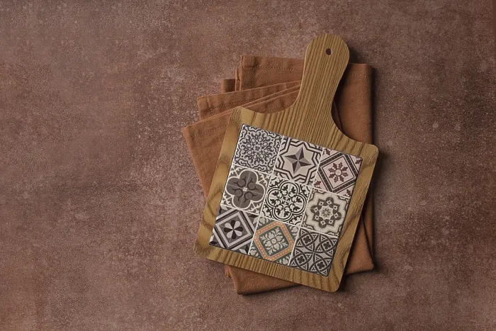 Framed Print : Wooden cutting board with ceramic tiles